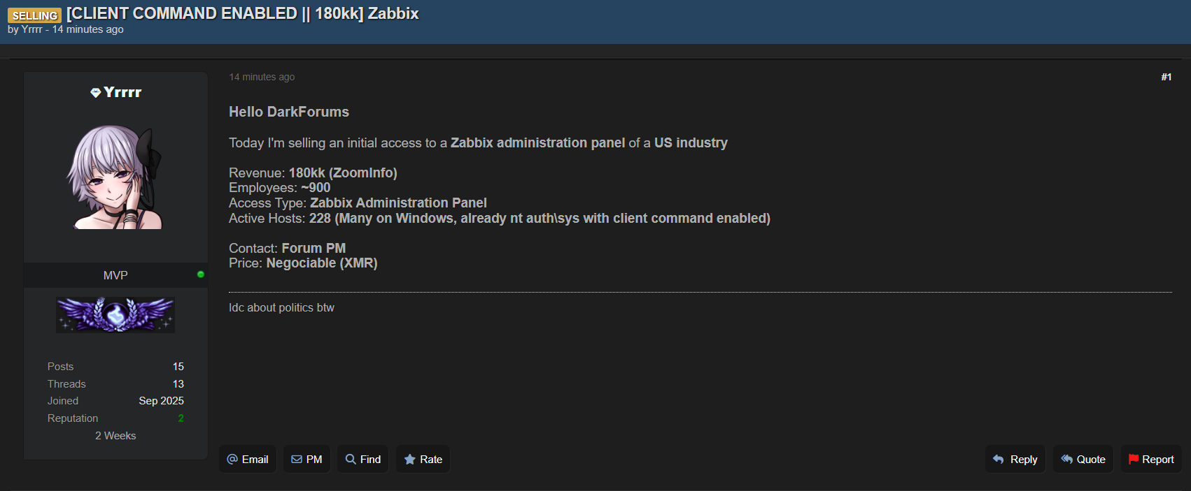 涉嫌向一家身份不明的美国公司出售Zabbix admin panel访问权-xLab 威胁情报