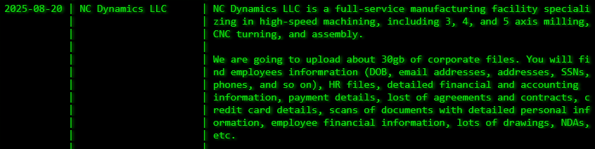 NC Dynamics LLC成为Akira勒索软件的受害者-xLab 威胁情报