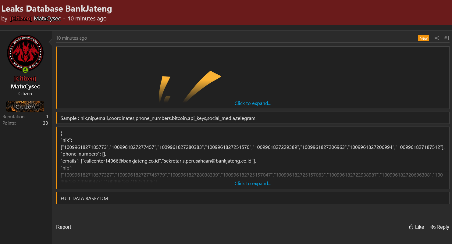 Alleged data breach of Bank Jateng-xLab 威胁情报