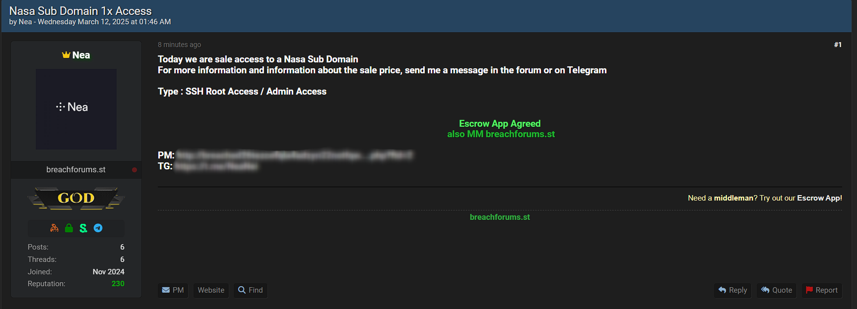 涉嫌出售对NASA子域的SSH根访问权限-xLab 威胁情报