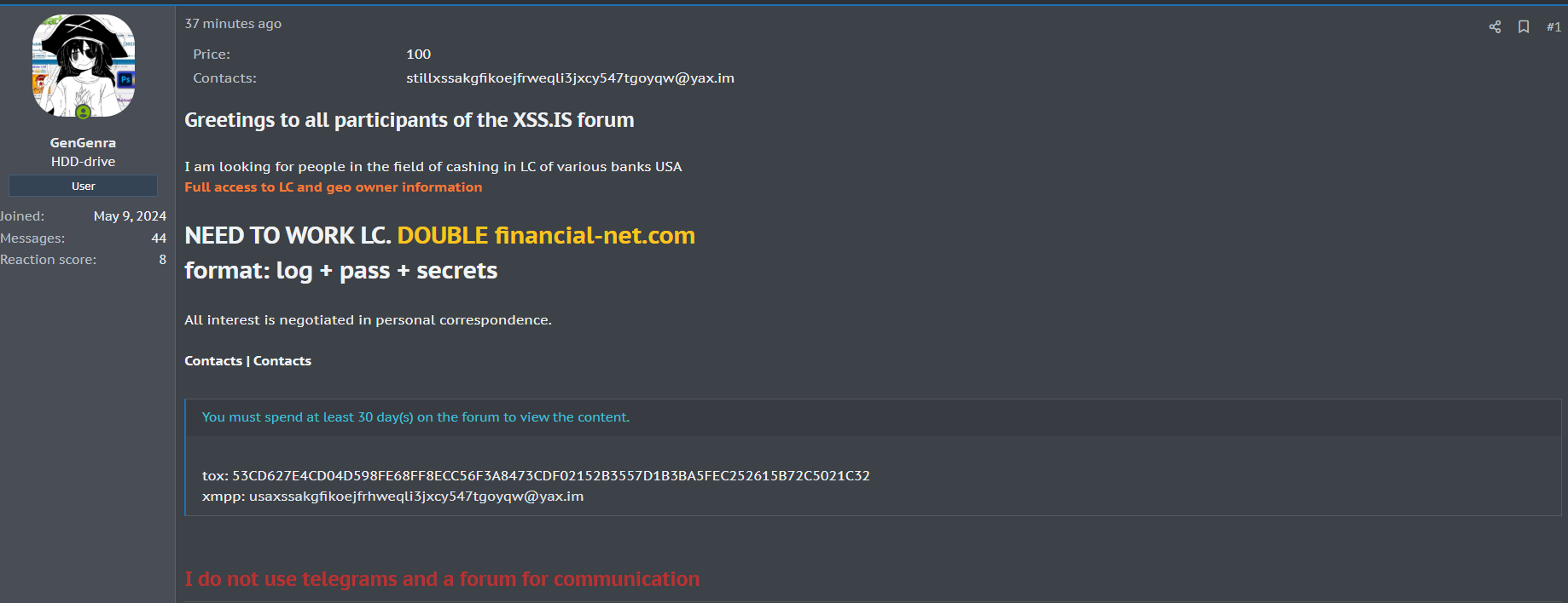 涉嫌通过金融Net门户网站从受损的美国银行账户中套现的销售-xLab 威胁情报