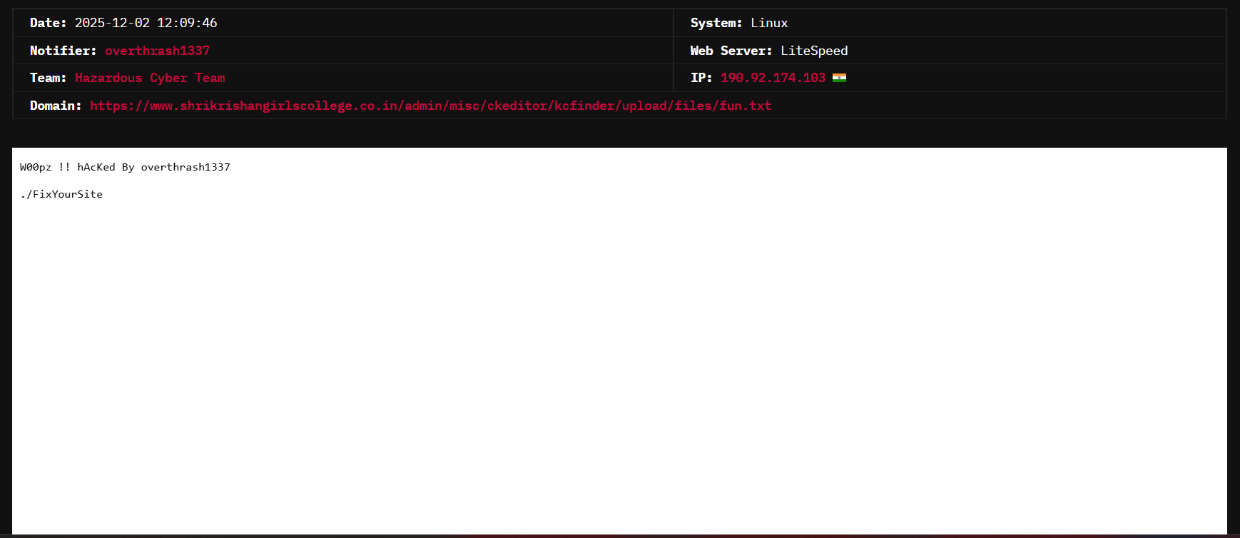 危险Cyber小组针对Shri Krishan Mahila Mahavidhyalaya的网站-xLab 威胁情报