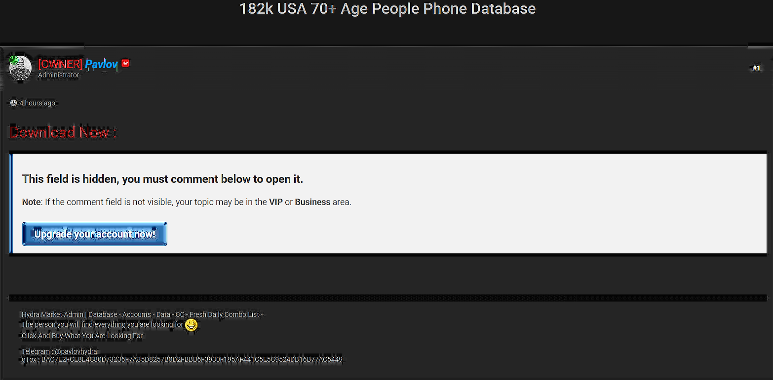 涉嫌出售美国70岁以上人士电话资料库-xLab 威胁情报