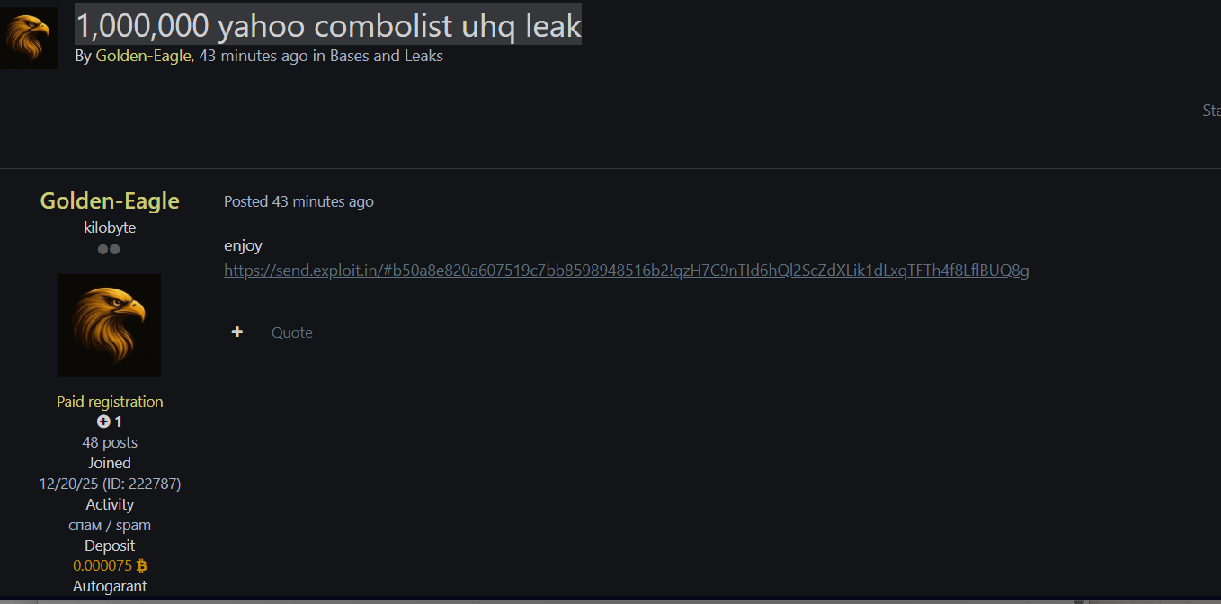 Alleged leak of 1 million Fresh Yahoo uhq Combolist-xLab 威胁情报