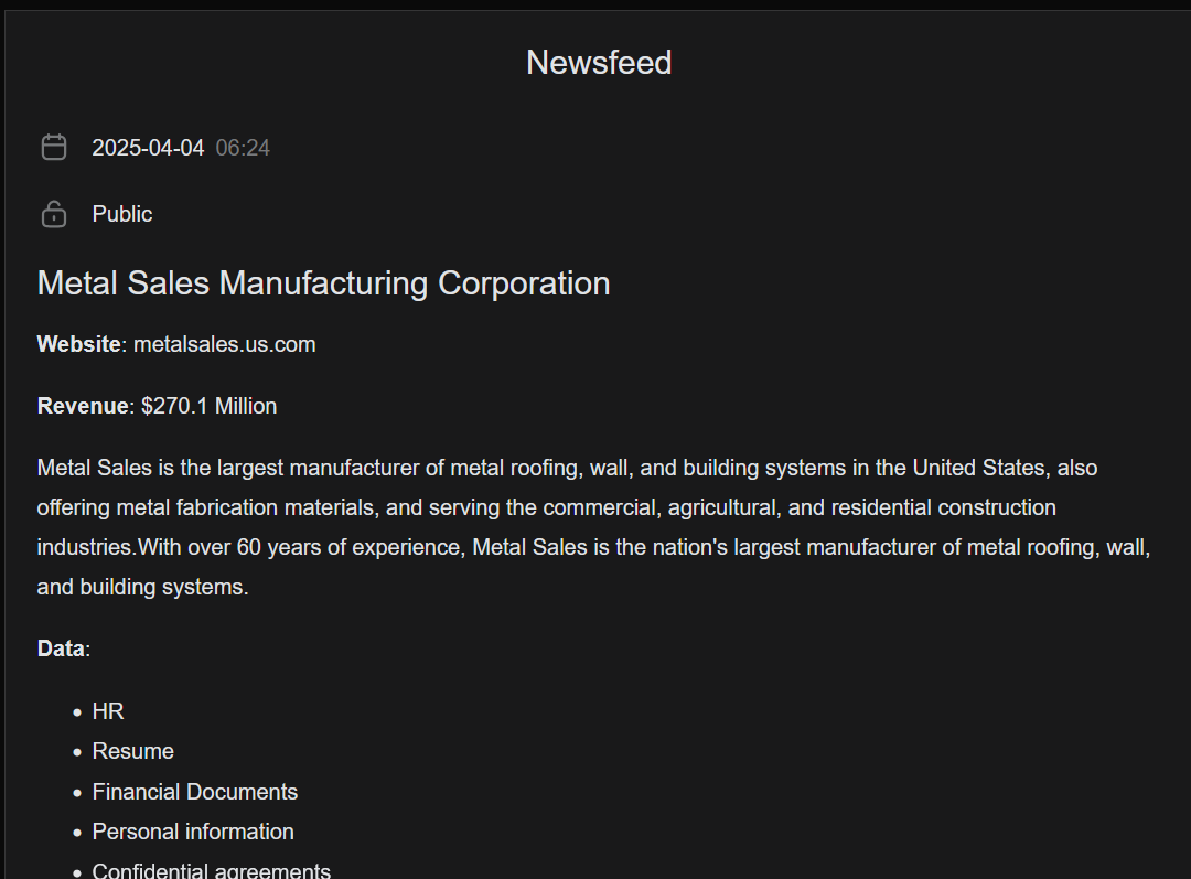 Metal Sales Manufacturing Corporation成为MORPHEUS勒索软件的受害者-xLab 威胁情报