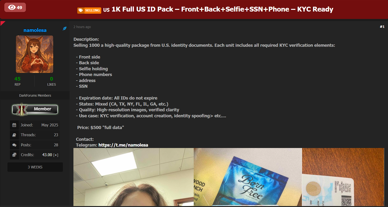 涉嫌从美国出售1K KYC文件-xLab 威胁情报