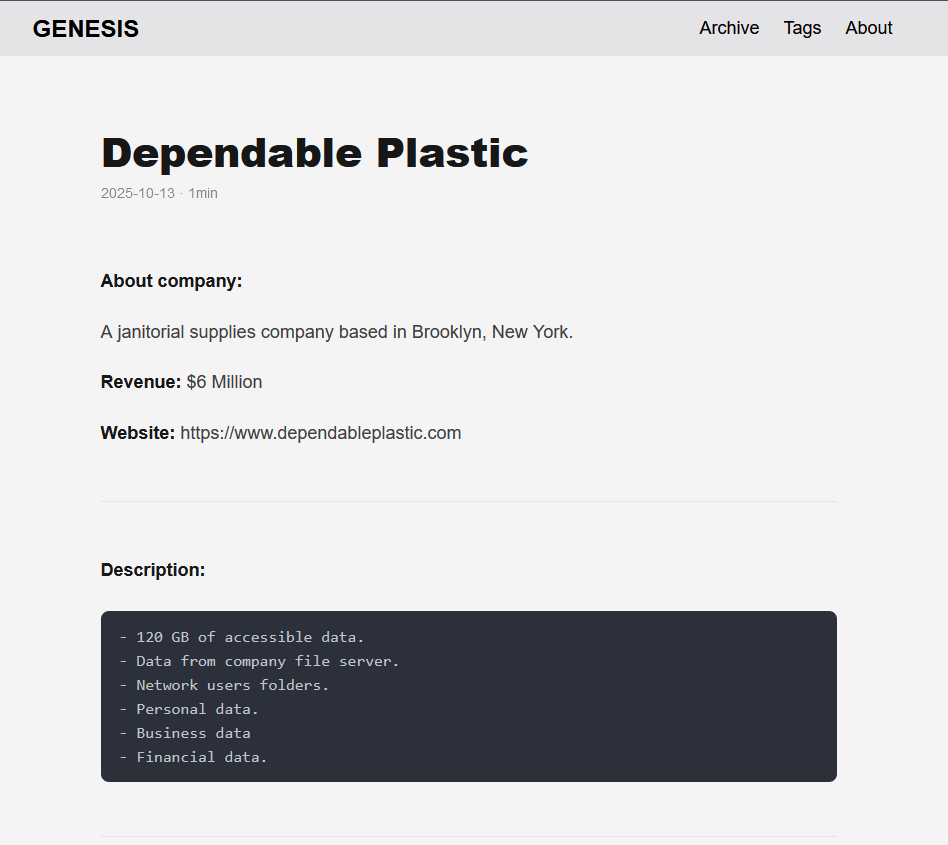 Dependable Plastics&Supplies成为GENESIS勒索软件的受害者-xLab 威胁情报