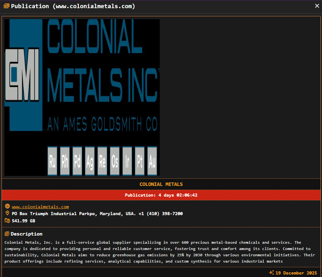 Colonial Metals victim落入Dragonforce勒索软件手中-xLab 威胁情报
