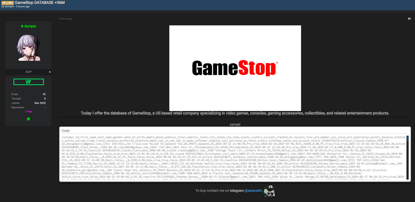 Alleged data sale of GameStop-xLab 威胁情报