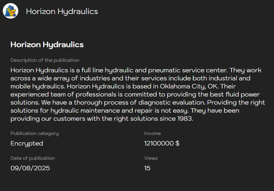 Horizon液压有限责任公司成为Sinobi勒索软件的受害者-xLab 威胁情报