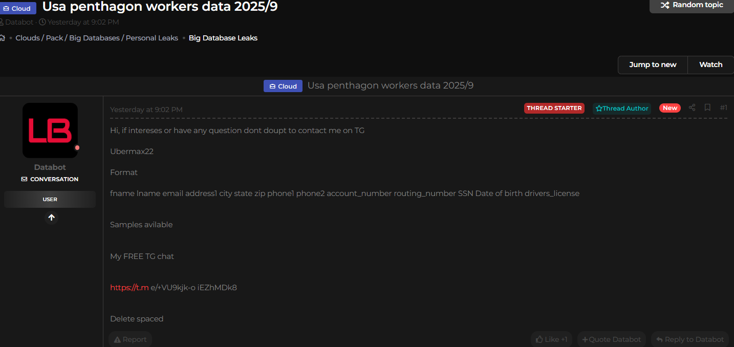 五角大楼工作人员数据涉嫌泄露-xLab 威胁情报