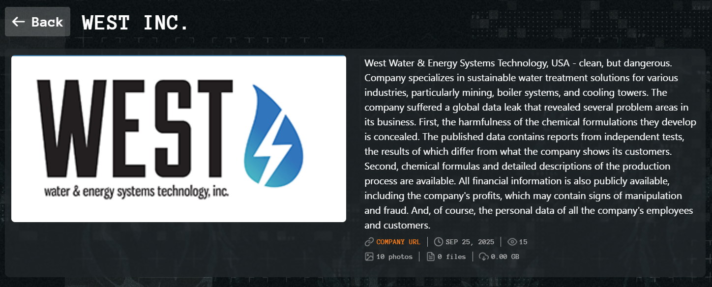 West Water&Energy Systems Technology成为Qilin勒索软件的受害者-xLab 威胁情报