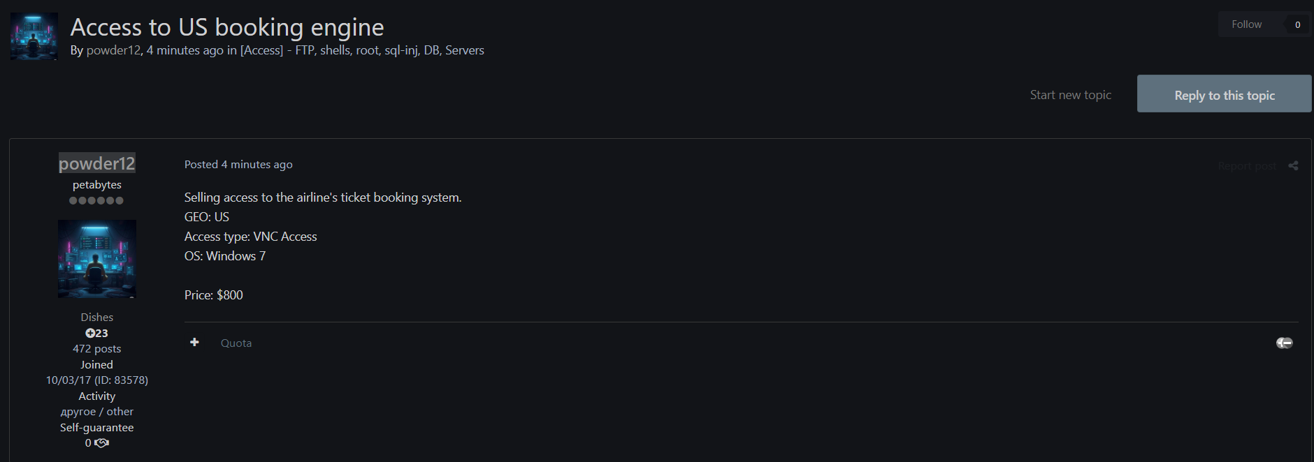 涉嫌出售该航空公司机票预订system的使用权-xLab 威胁情报