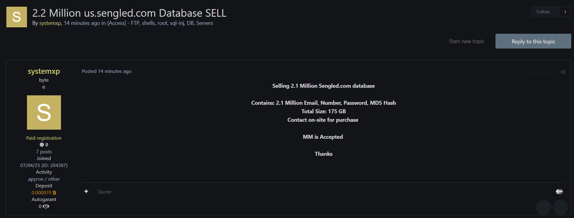 涉嫌出售Sengled数据库-xLab 威胁情报