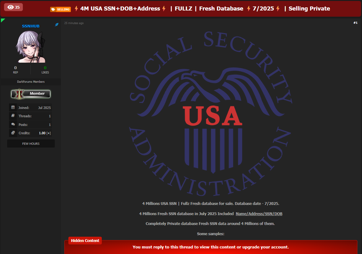 涉嫌出售社会保障管理局数据库-xLab 威胁情报