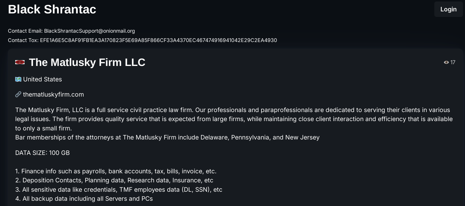 Matlusky Firm LLC成为BlackShrantac的受害者-xLab 威胁情报