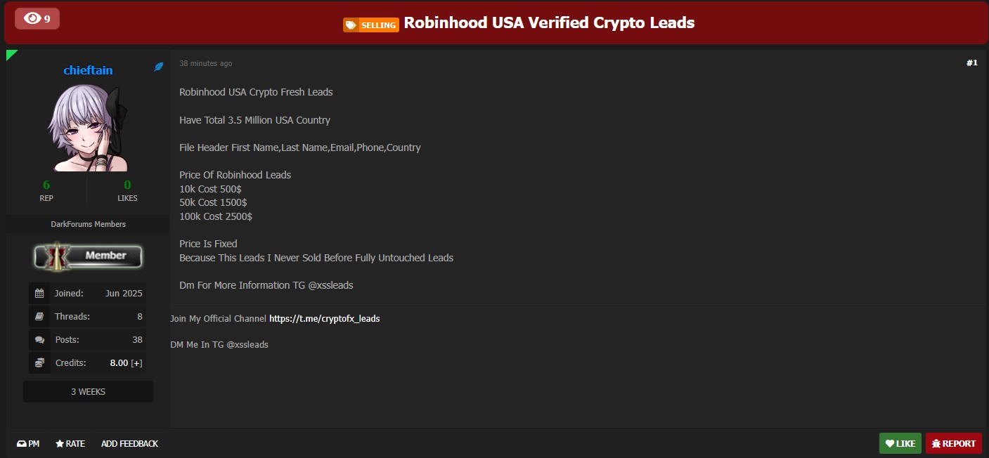涉嫌从美国出售Robinhood加密货币线索-xLab 威胁情报