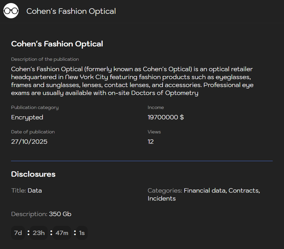 Cohen's Fashion Optical成为Sinobi勒索软件的受害者-xLab 威胁情报