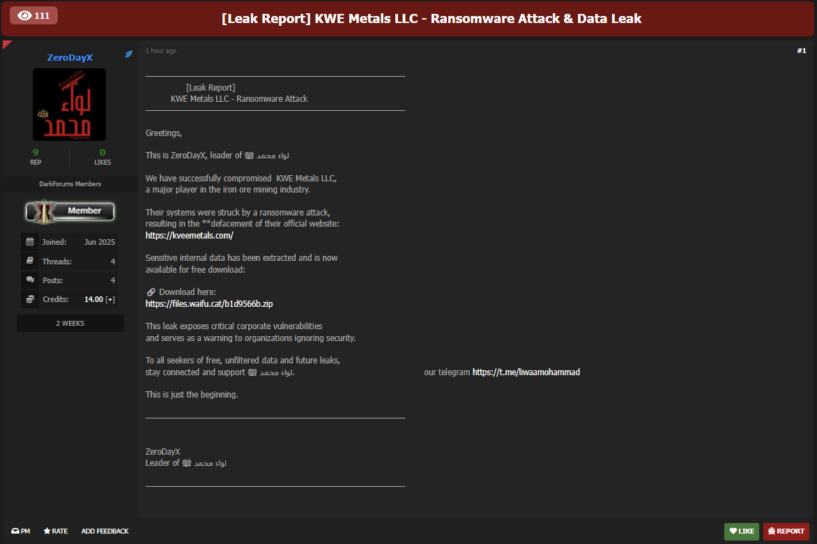 据称是KWE Metals LLC的数据外泄，-xLab 威胁情报