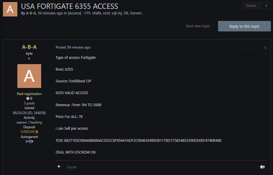 Alleged Sale of Unauthorized FortiGate Accesses-xLab 威胁情报