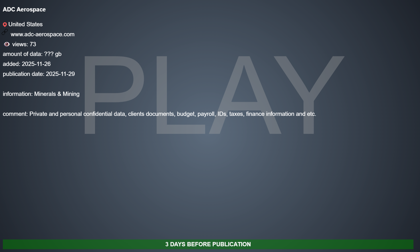 ADC Aerospace成为PLAY勒索软件的受害者-xLab 威胁情报