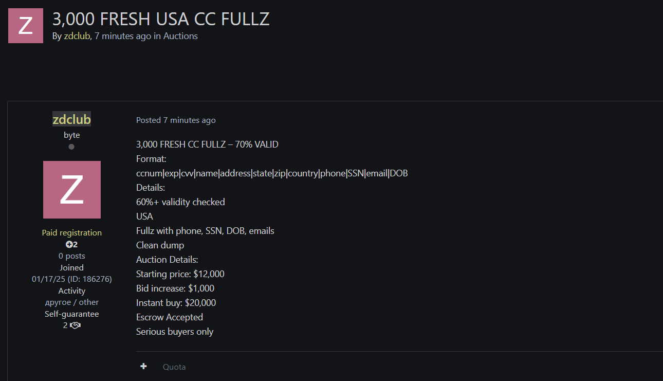 涉嫌出售美国信用卡fullz数据-xLab 威胁情报