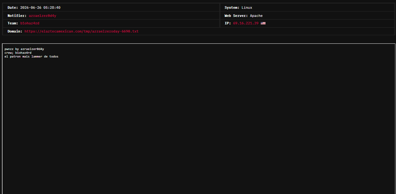 azraelzer0d4y targets the website of El Azteca Mexican Restaurant-xLab 威胁情报