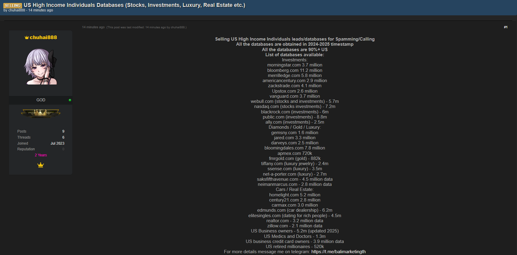涉嫌出售美国高收入个人数据-xLab 威胁情报