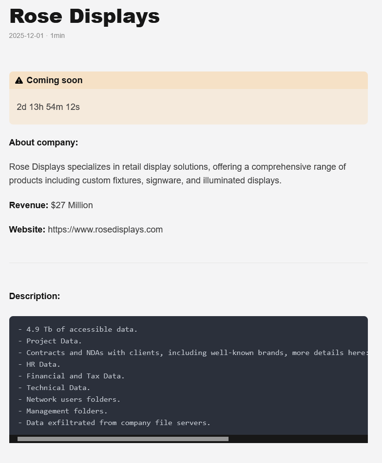Rose Displays成为GENESIS勒索软件的受害者-xLab 威胁情报