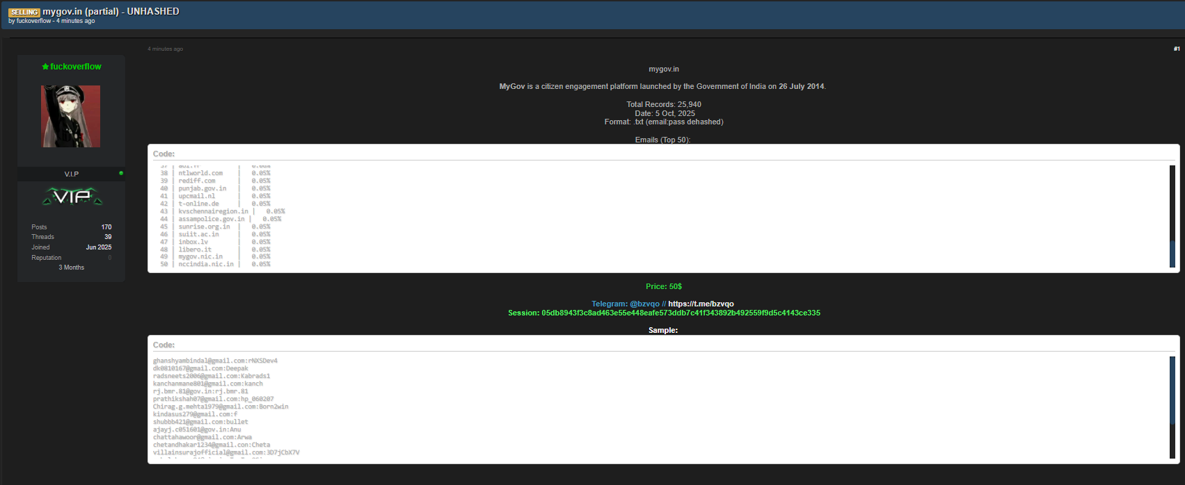 mygov India涉嫌出售数据-xLab 威胁情报
