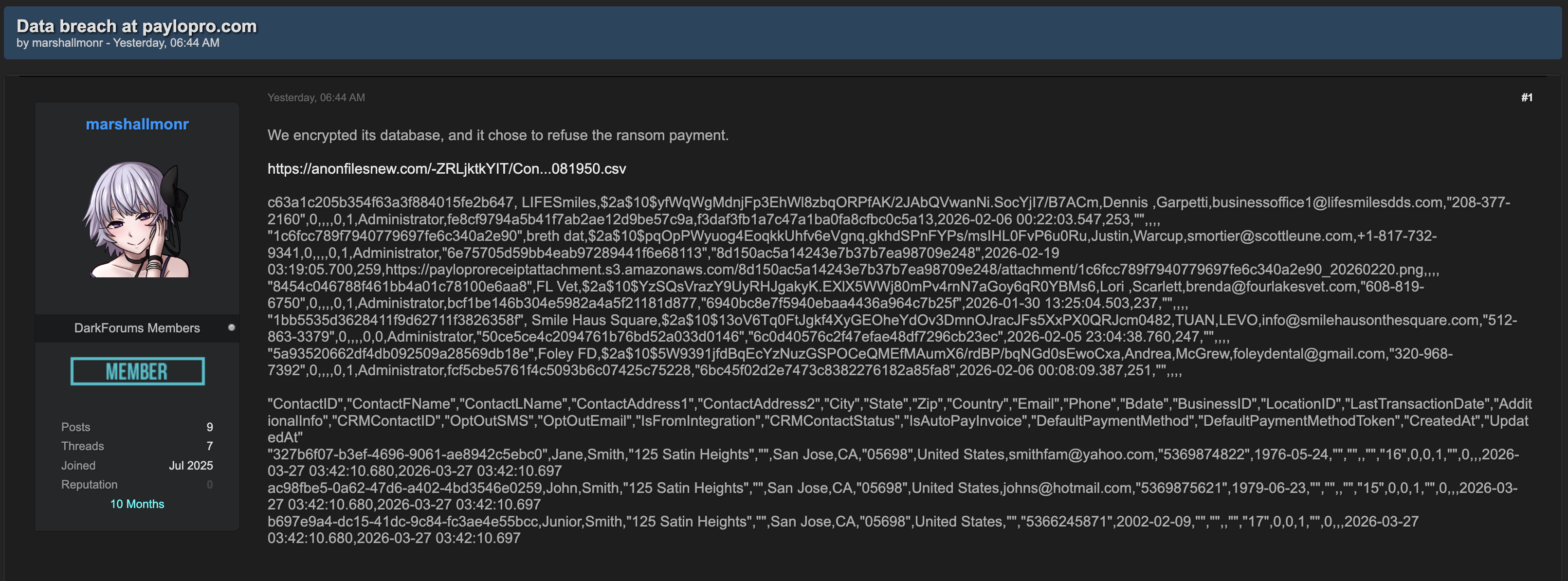 Alleged data breach of PayloPro-xLab 威胁情报