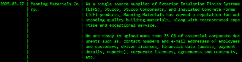 曼宁材料Corp成为Akira勒索软件的受害者-xLab 威胁情报