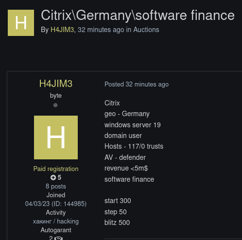Alleged sale of unauthorized Citrix access to an unidentified software and finance company in Germany-xLab 威胁情报