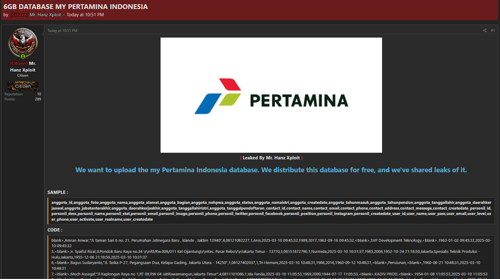 Alleged Leak of Pertamina Indonesia Database-xLab 威胁情报