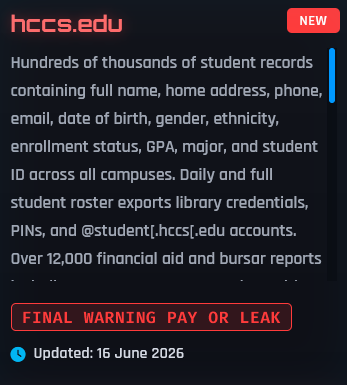 Alleged data breach of Houston City College-xLab 威胁情报