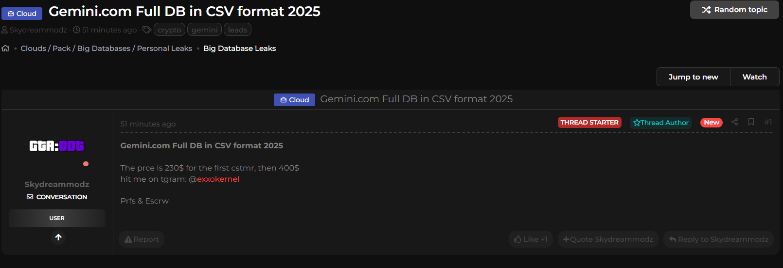 涉嫌出售Gemini数据库-xLab 威胁情报