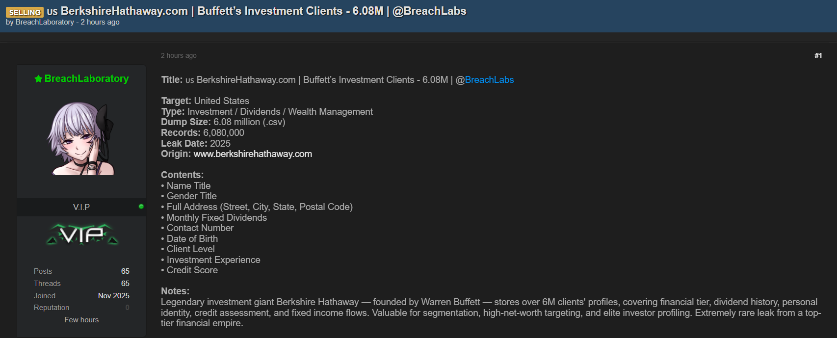 Berkshire Hathaway Inc.涉嫌出售数据-xLab 威胁情报