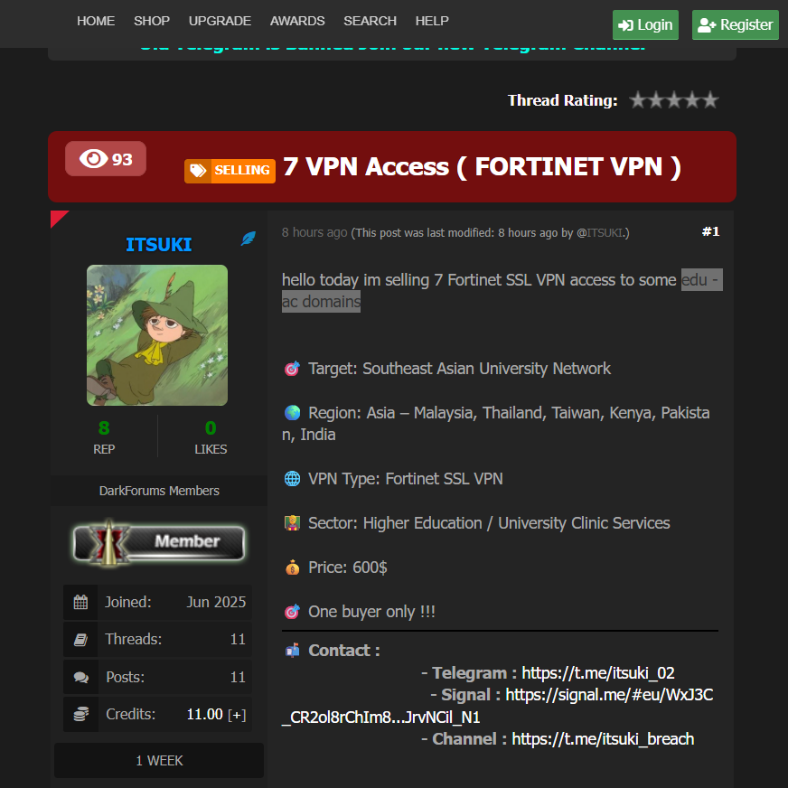 涉嫌向身份不明的东南亚大学出售7个Fortinet SSL VPN访问权限-xLab 威胁情报