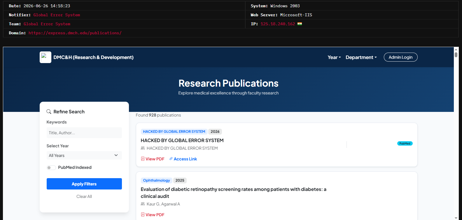 Global Error System targets the website of Dayanand Medical College and Hospital-xLab 威胁情报