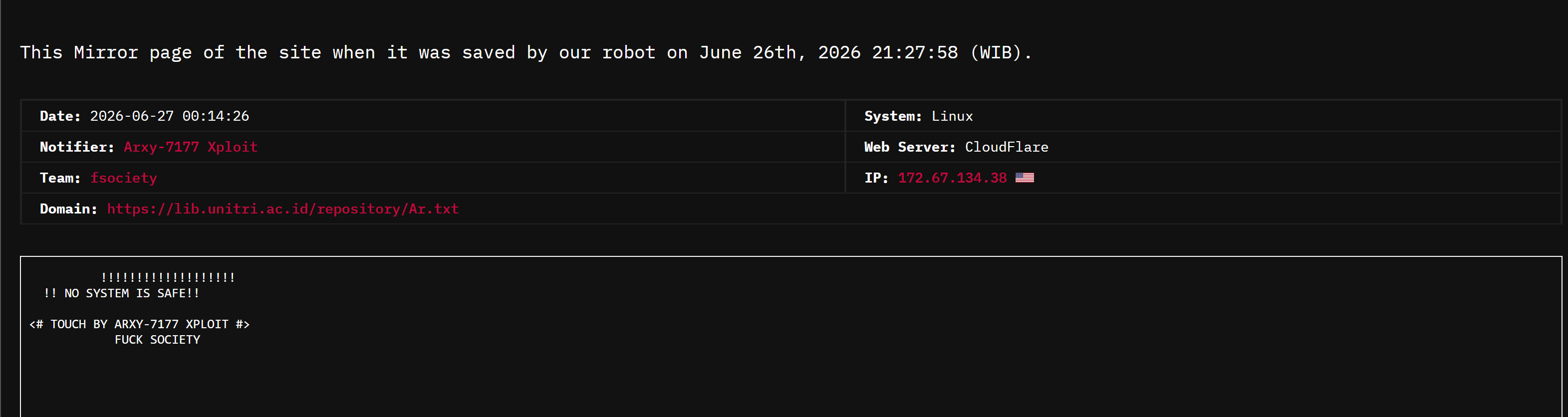 Arxy-7177 Xploit targets the website of Tribhuwana Tunggadewi Malang-xLab 威胁情报