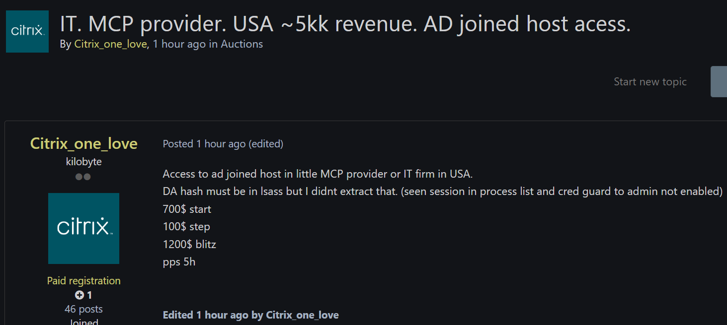 Alleged Sale of unauthorized access to Active Directory Host at U.S. MCP Provider-xLab 威胁情报