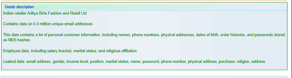 Aditya Birla时尚零售有限公司涉嫌数据泄露-xLab 威胁情报