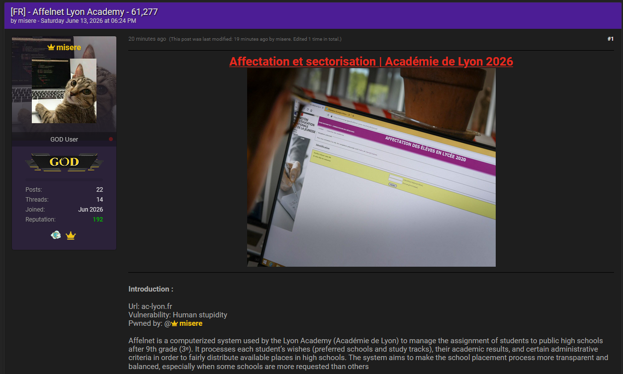 Alleged data breach of Académie de Lyon-xLab 威胁情报
