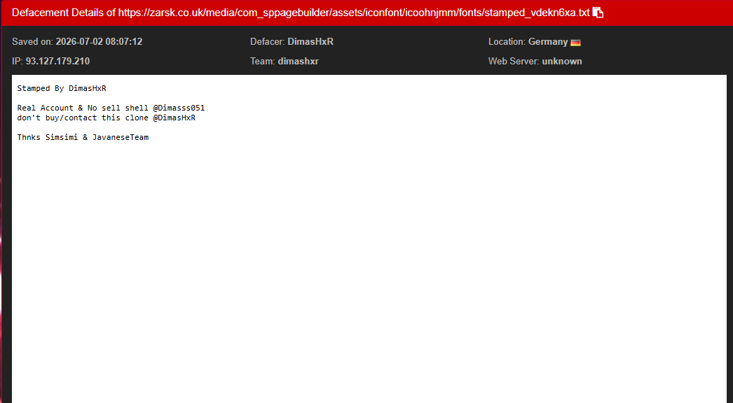 DimasHxR targets the website of ZARSK Ltd-xLab 威胁情报