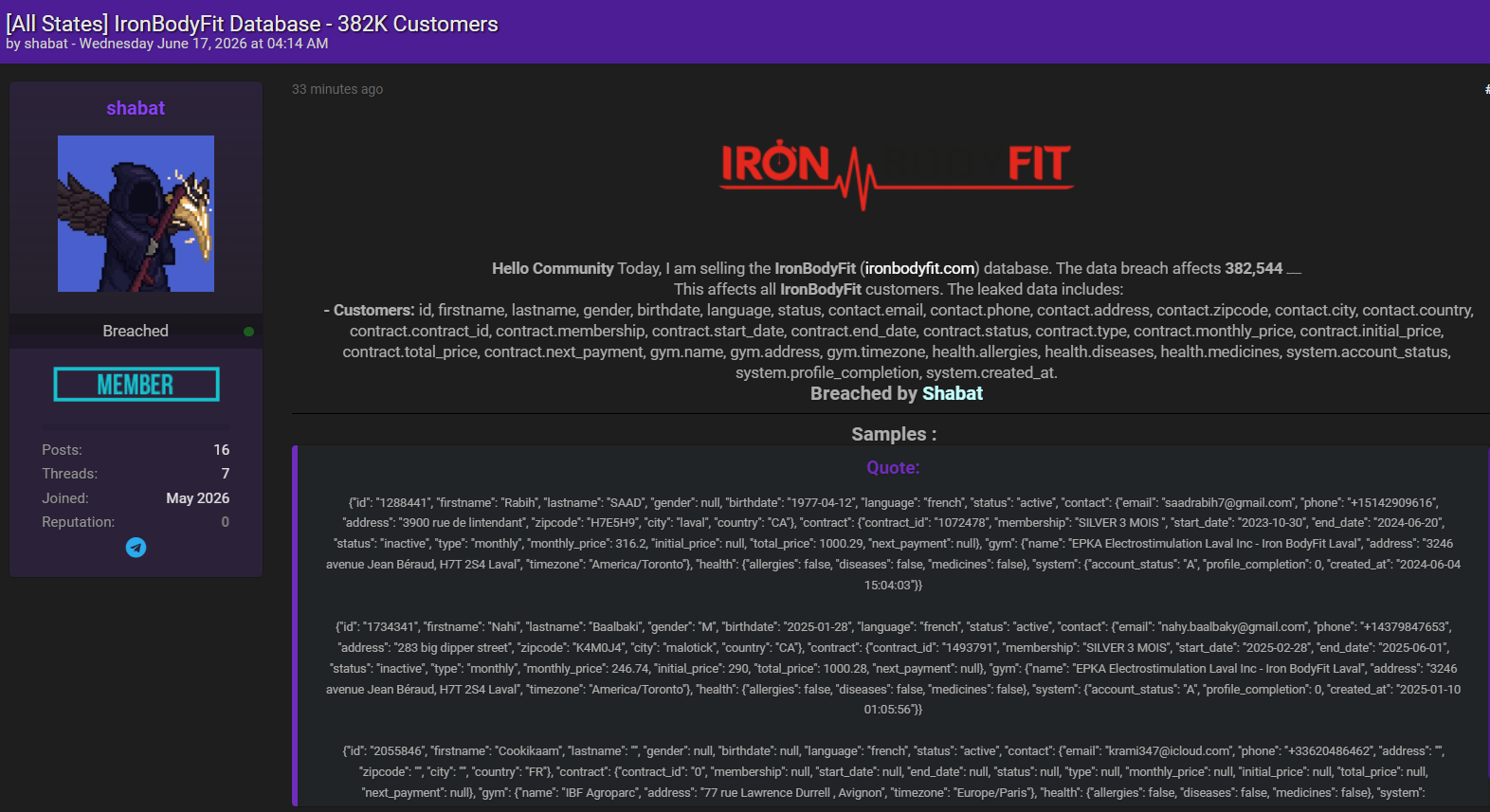 Alleged sale of IronBodyFit database-xLab 威胁情报