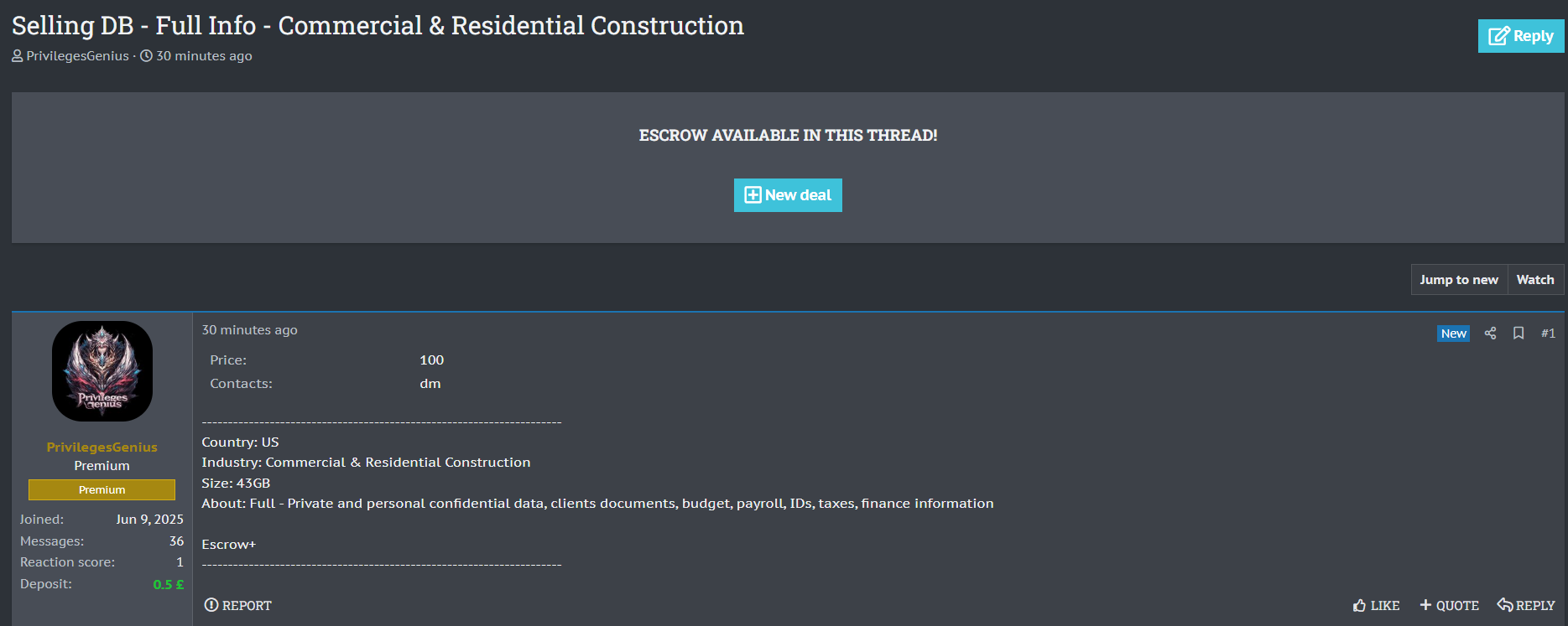 美国一家身份不明的建筑公司涉嫌数据泄露。-xLab 威胁情报