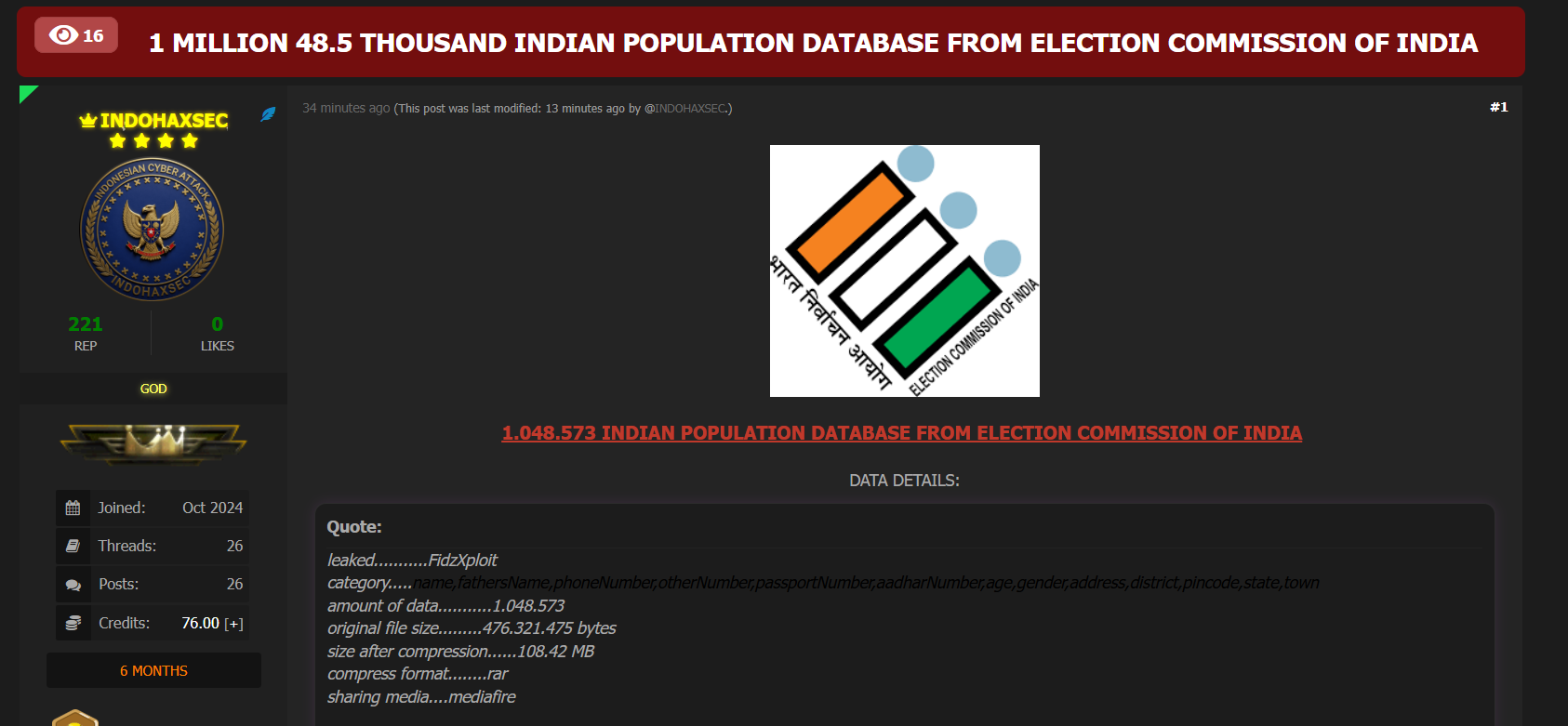 印度选举委员会涉嫌数据外泄-xLab 威胁情报