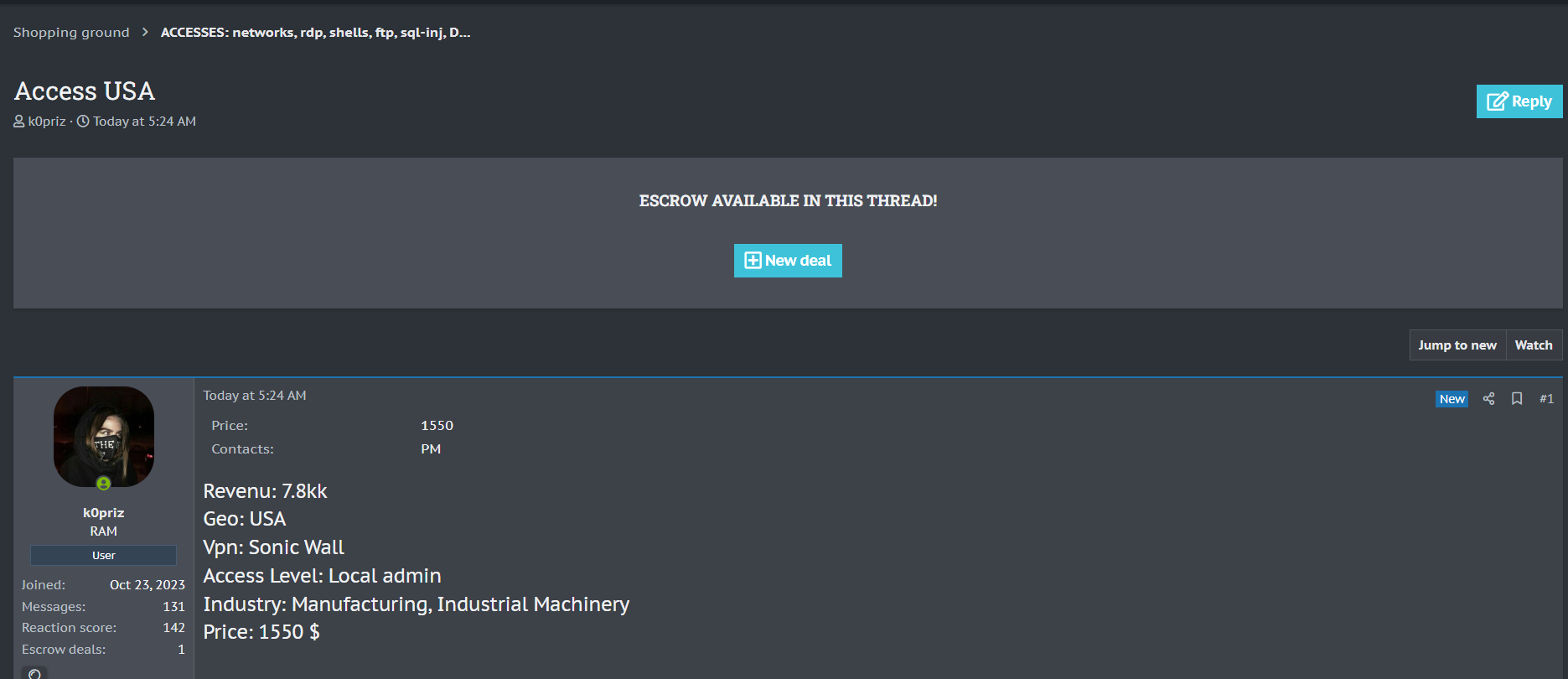 涉嫌向美国unidentified组织出售VPN访问权限-xLab 威胁情报
