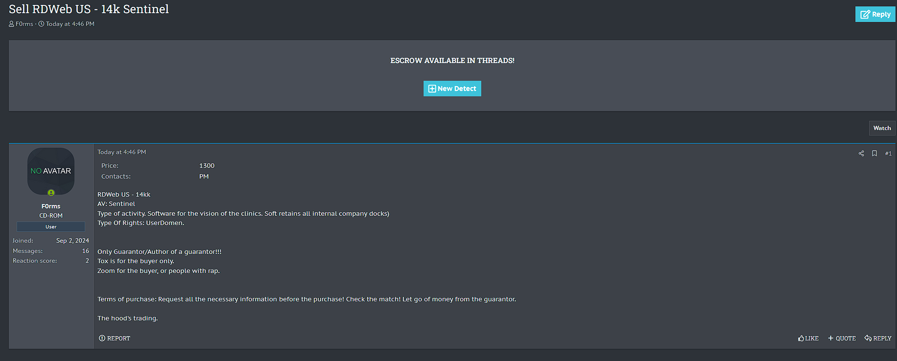 涉嫌向一家身份不明的美国医疗保健组织出售访问权限-xLab 威胁情报