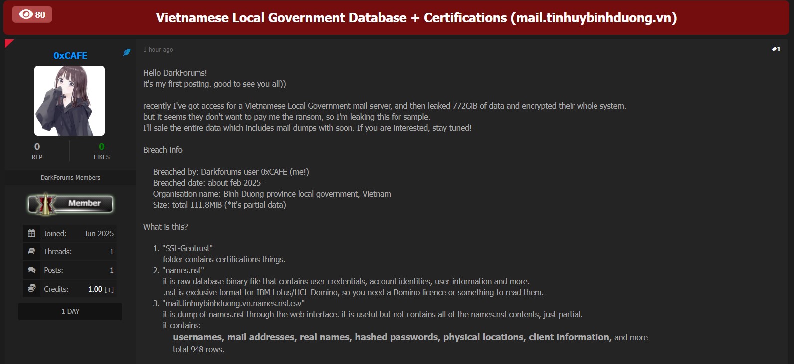 越南地方政府邮件服务器涉嫌数据库泄露-xLab 威胁情报